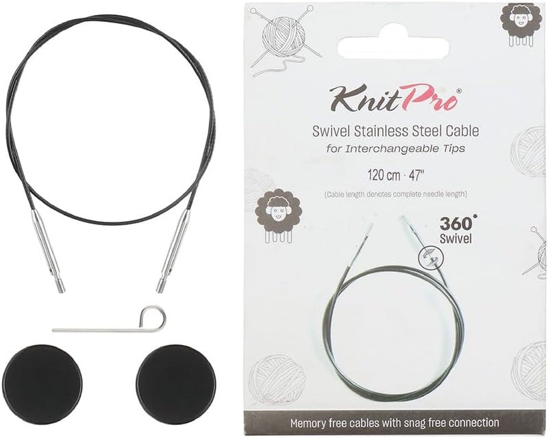 Knit Pro 360° Nylon Coated Stainless Steel Black Silver Swivel Cable | 37"/ 94cm (to Make 47"/ 126cm IC Needle) - Image 1